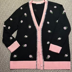 Gently used Alice & Olivia cardigan sweater, size XL, black, pink